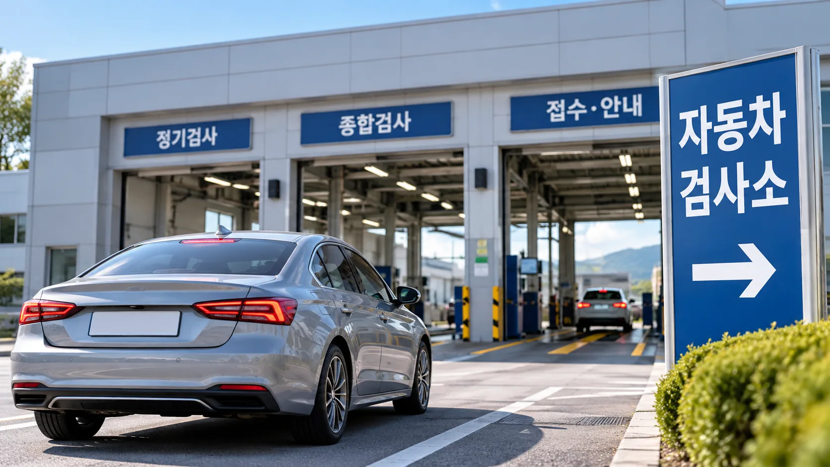 자동차검사소 검사 라인에서 승용차를 점검하는 모습