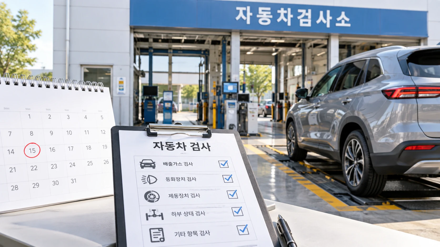 자동차 검사소에서 정기검사를 받는 승용차와 검사 장비